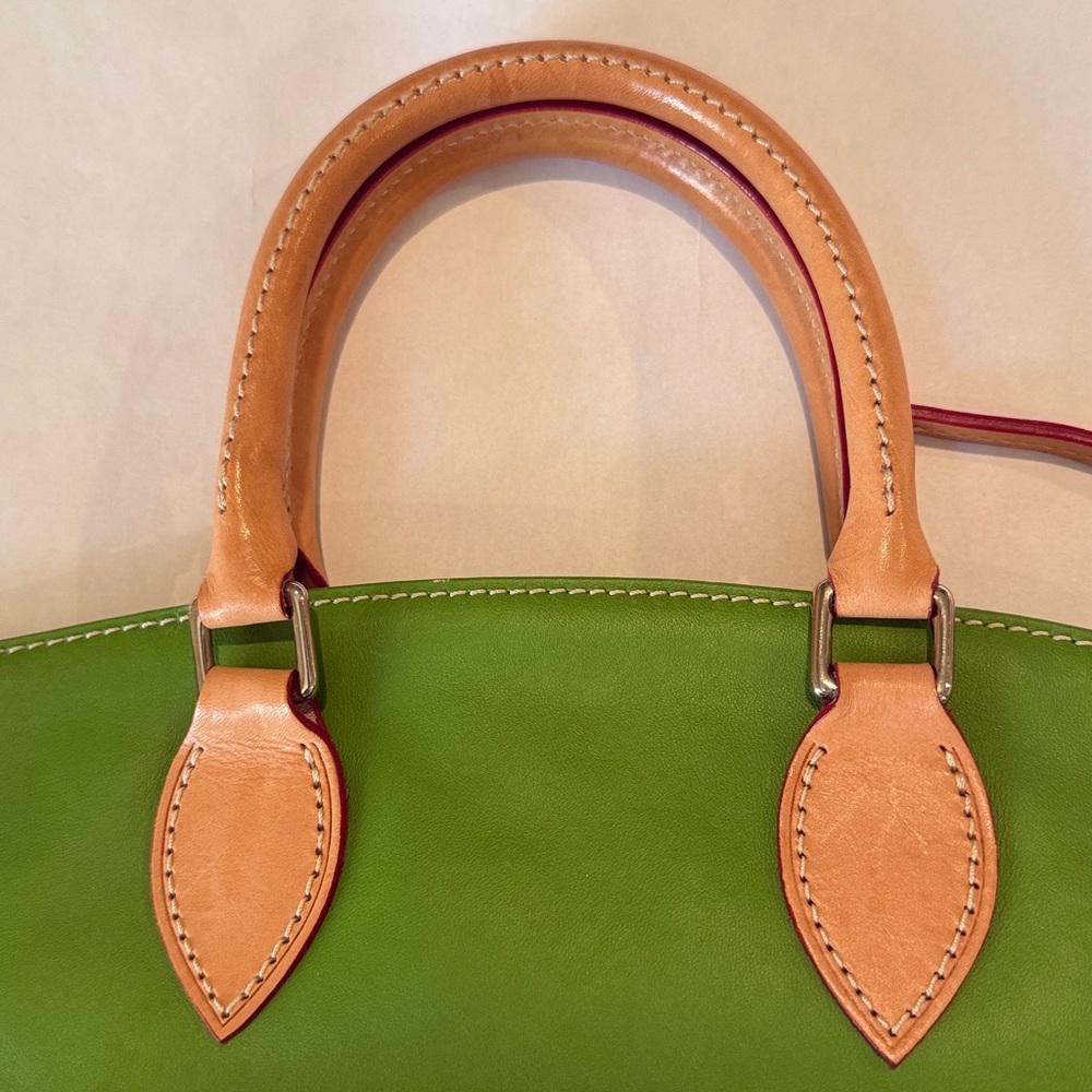 Dooney & Bourke Dillen Double Pocket Apple Green Tan Leather Satchel Bag Purse - Picture 4 of 14